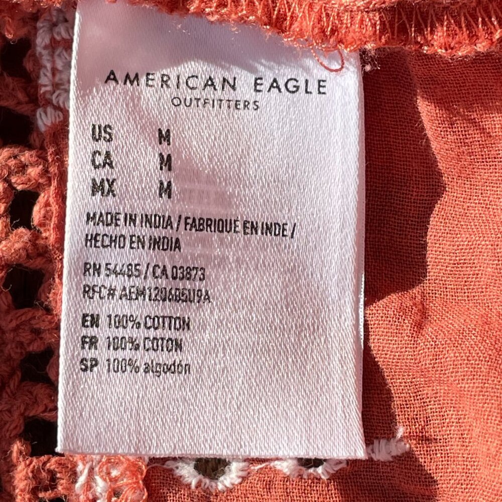 American Eagle Rust Embroidered Babydoll Peasant Blouse Balloon Sleeve M - Picture 11 of 12